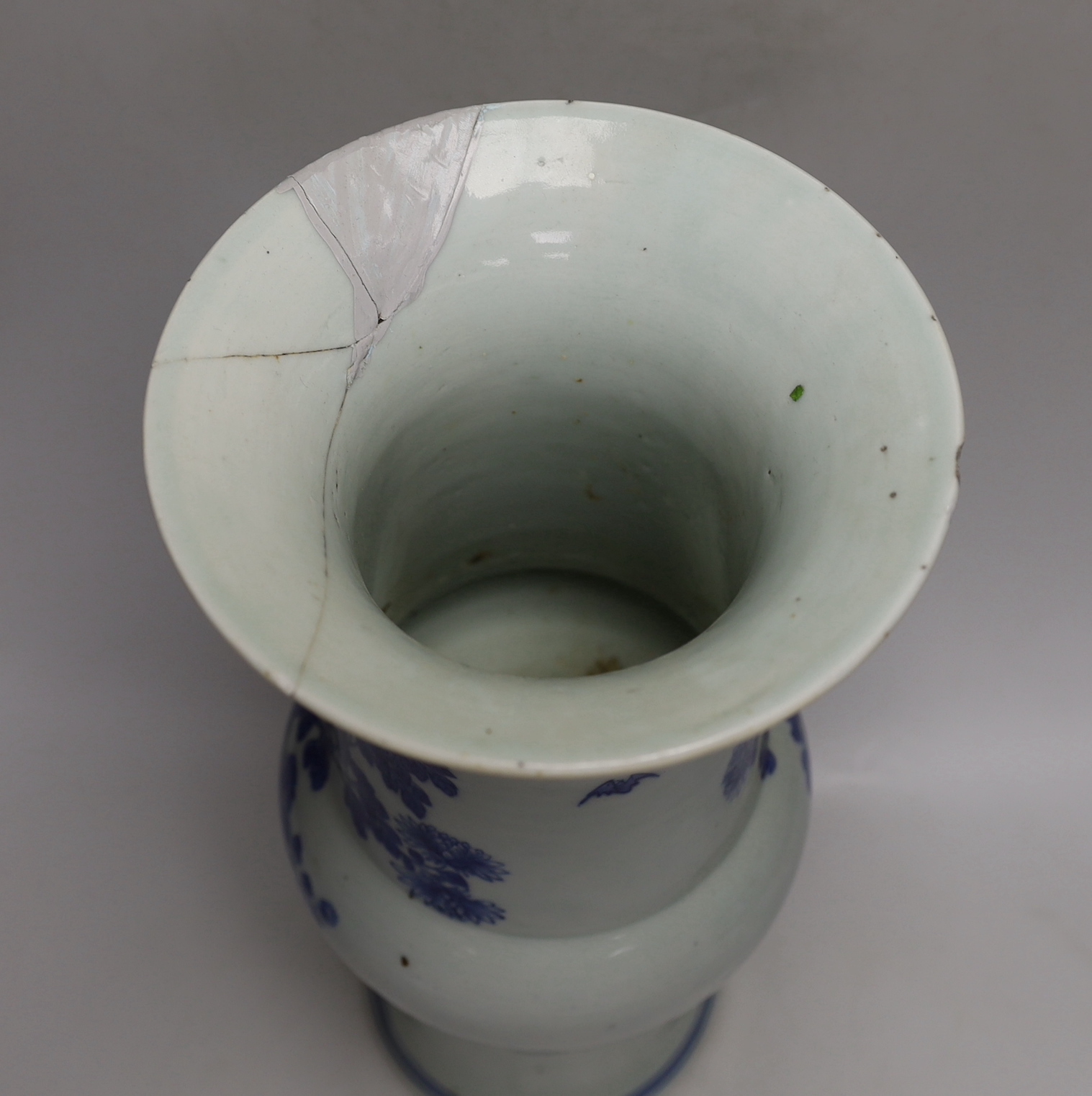 A Chinese blue and white gu shaped vase, 37.5cm high (a.f.)